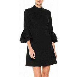 Trina Turk Dress Dylan Black Tiered Ruffle Bell Sleeve Mock Neck